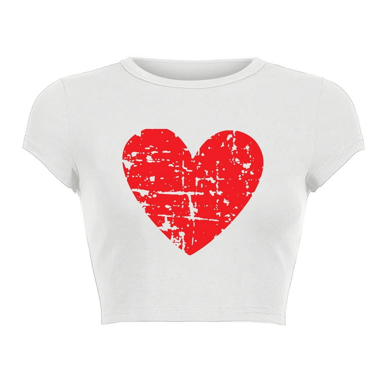 Womens Short Sleeve Tops Breathable Trendy Heart Print Crop Womens Short Sleeve Tops Breathable Trendy Heart Print Crop