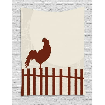 Fence Tapestry, Retro Style Silhouette of Rooster on Fence Sunrise Pastel Grunge Graphic, Wall Hanging for Bedroom Living Room Dorm Decor, Chestnut Brown Eggshell, by (Best Way To Shell Chestnuts)
