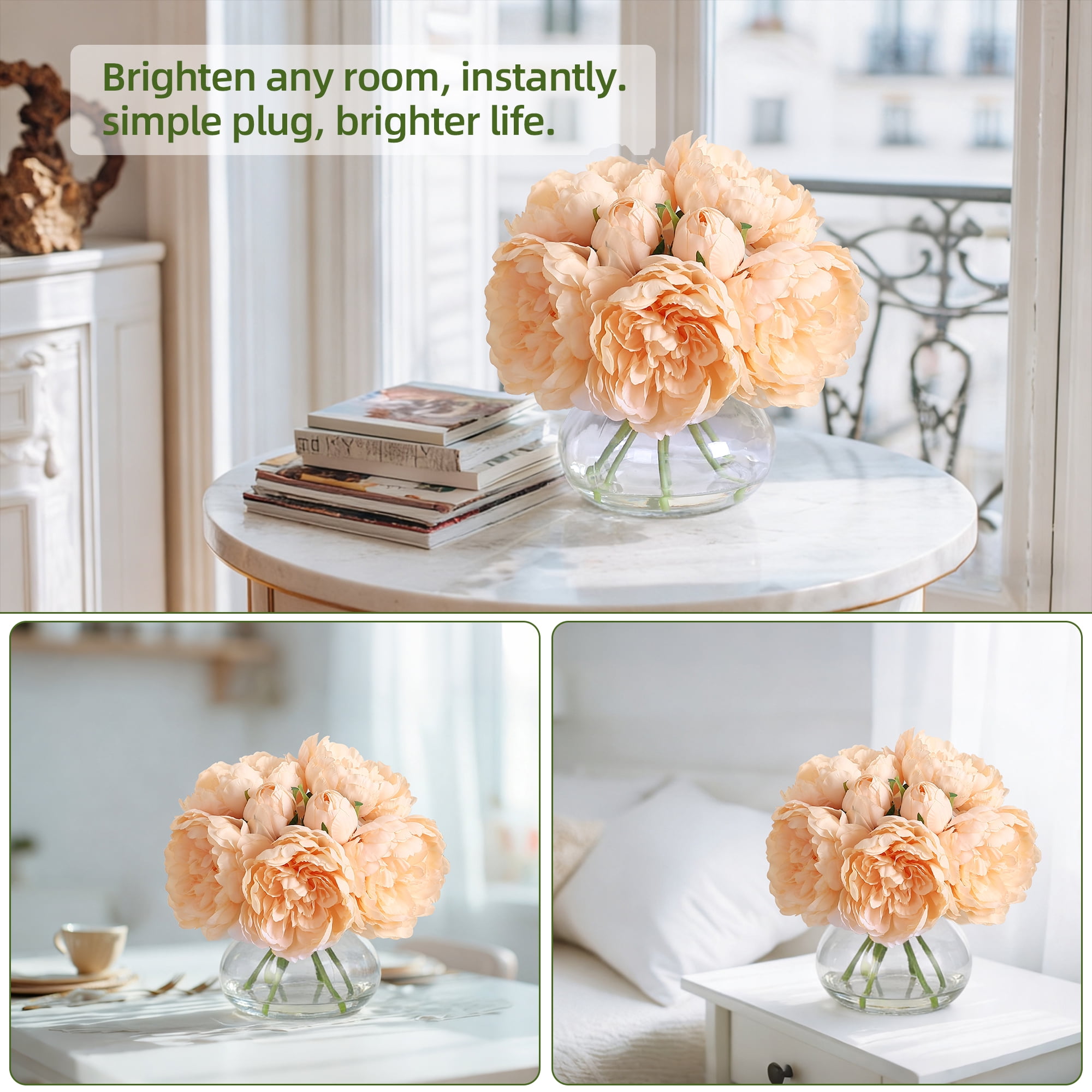 Artificial Silk Peony Flowers in Glass Vase - 10 Inch Faux Peony Arrangement with Faux Water, Realistic Touch, Table Centerpiece for Home, Wedding, Office Decor