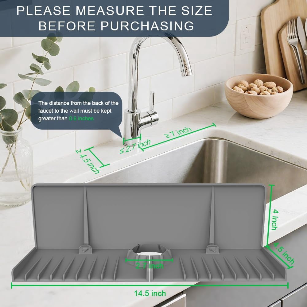 JJEAN-Silicone Faucet Drip Catcher Tray Mat - Upgraded Design - Sink Backsplash Guard Behind Faucet, Silicone Faucet Mat for Dish Soap Sponge Holder, Kitchen Counter Bathroom Kitchen Sink Splash Guar