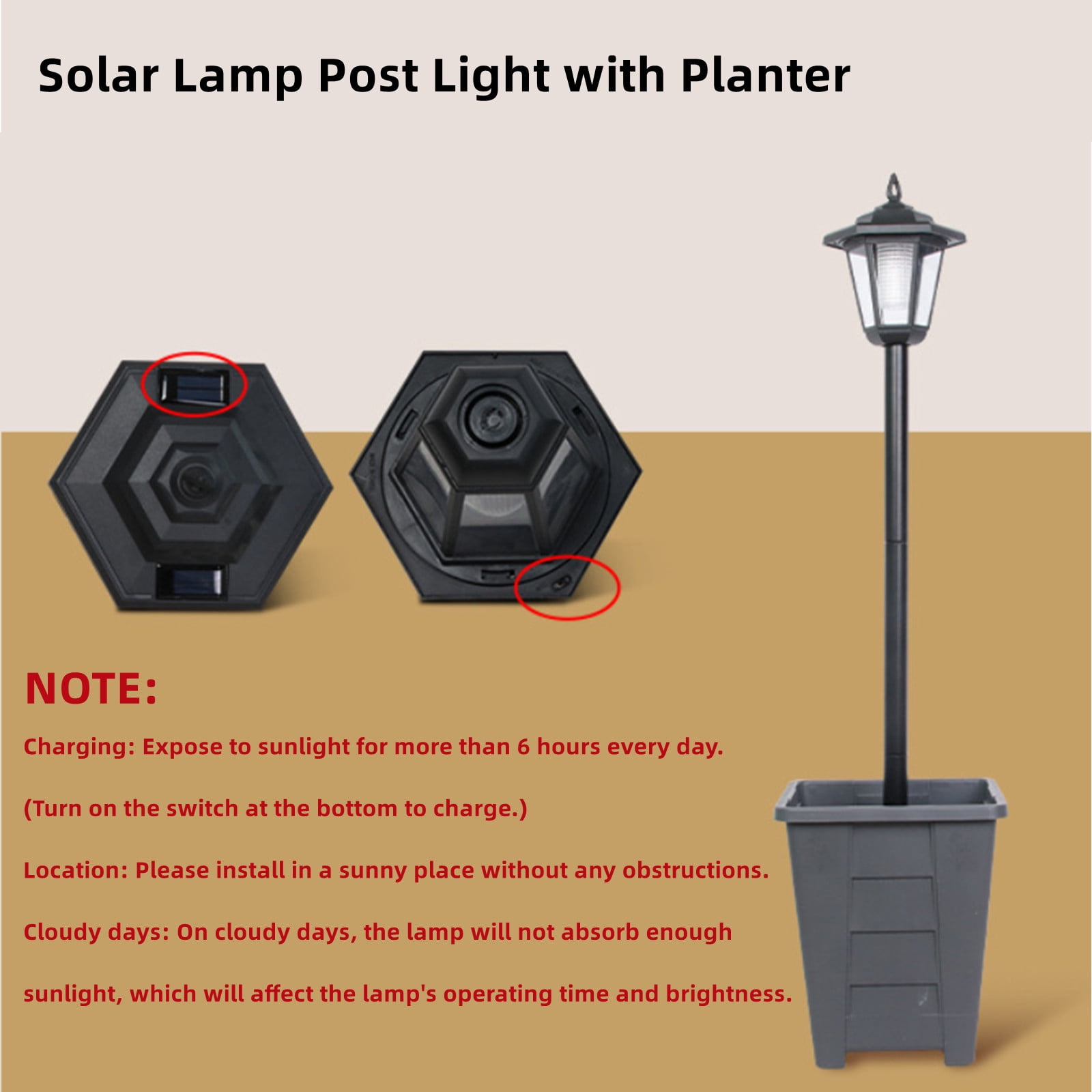 Paddsun Solar Lamp Post Light with Planter, 63" Vintage Glass Solar Lights Outdoor Waterproof Patio Lights Garden Decor