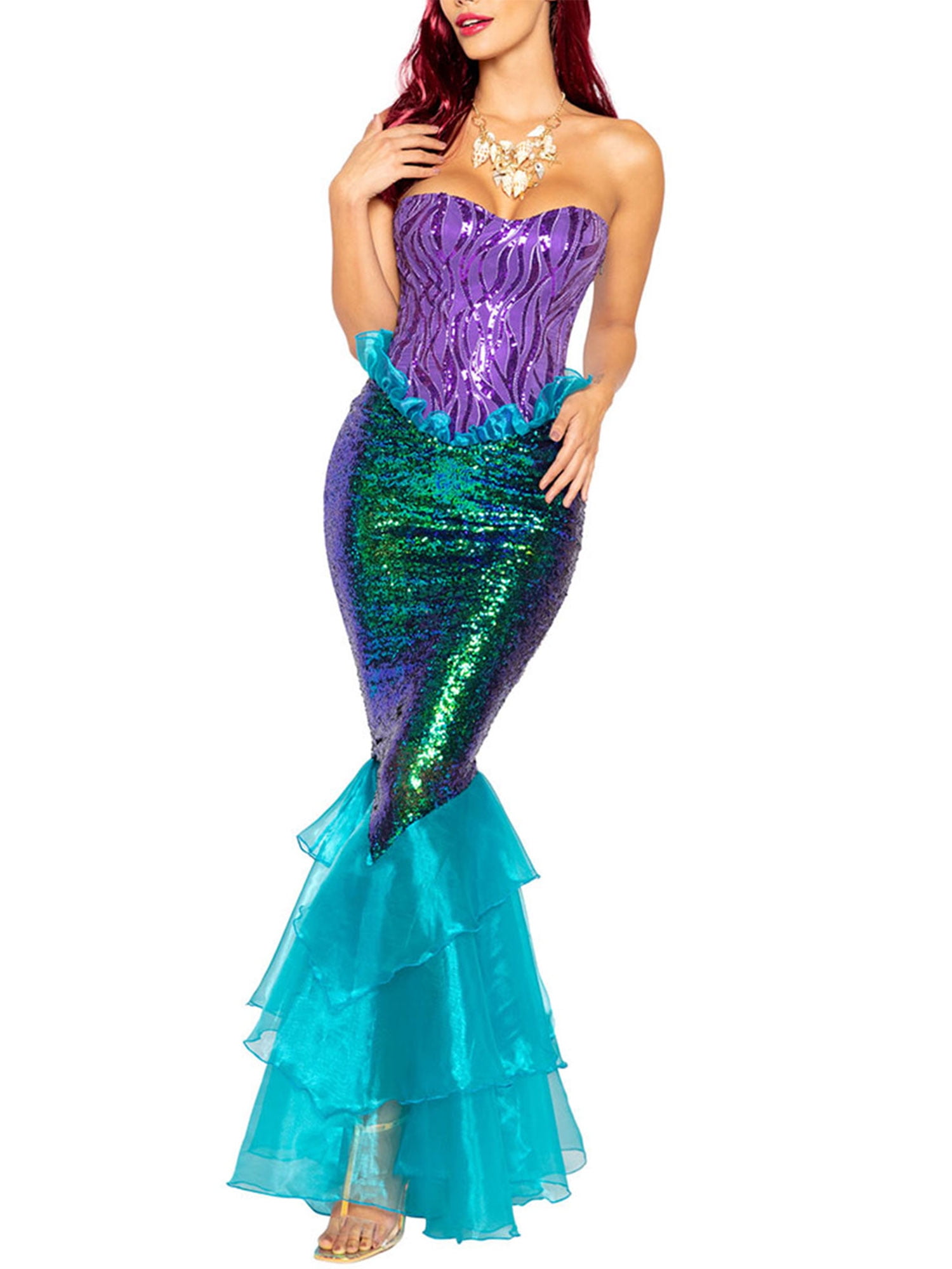 Womens Mermaid Costume Cosplay Halloween Party Sequined Long Dress Tail Skirt
