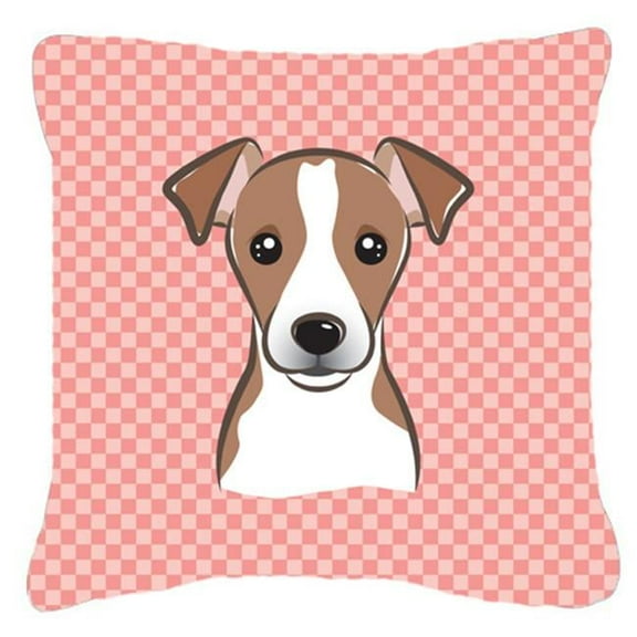 Checkerboard Pink Jack Russell Terrier Fabric Decorative Pillow, 14 x 14 In.