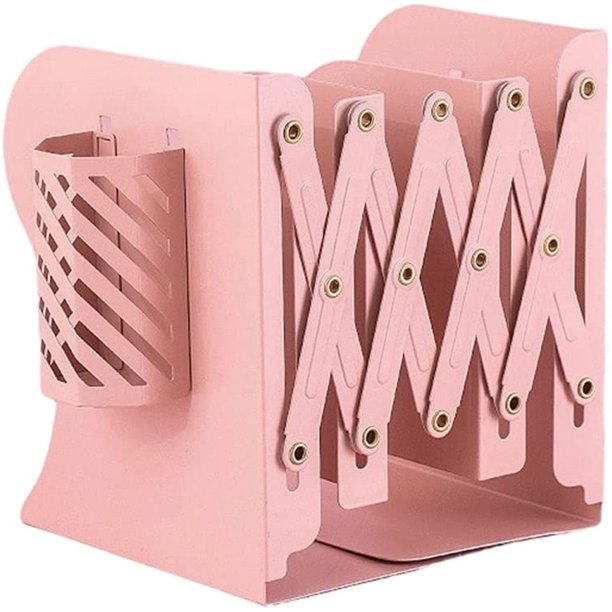 Organizador de libros expandible con portalápices, sujetalibros Happon para libros pesados, sujetalibros ajustables para escritorio, estantería y oficina, se extiende hasta 48 cm (rosa)