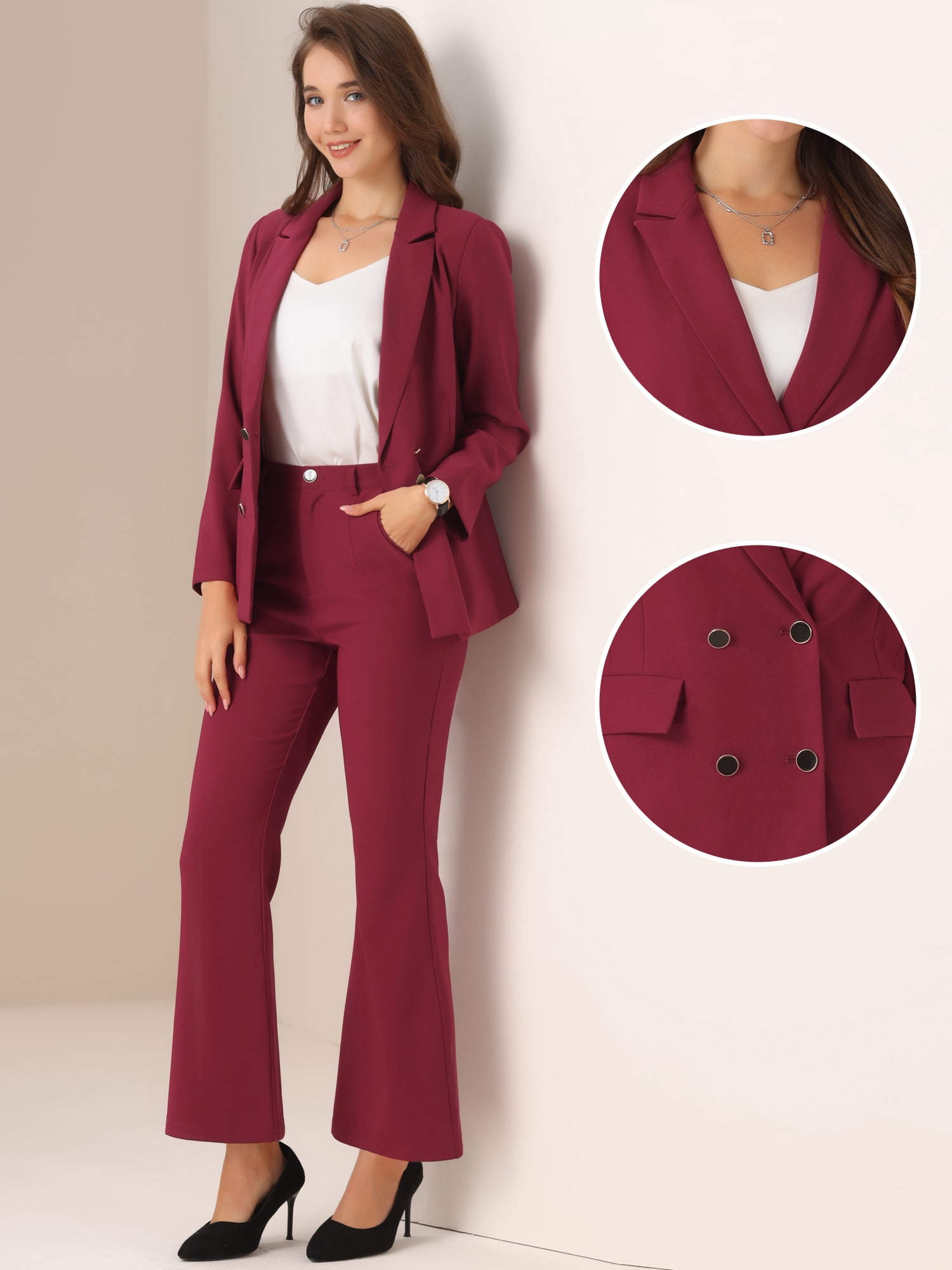 DARING DIVA Women's 2 Pcs Notched Lapel Blazer Work Suit Set XS Burgundy