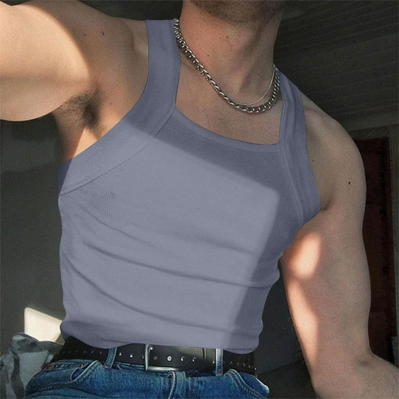 hlysgo Mens Undershirts Tank Tops Casual Solid Color Ribbed Sleeveless T Shirts Fitted Square Neck Sleeveless Undershirts Workout Tank Tops Blue,Size XXL