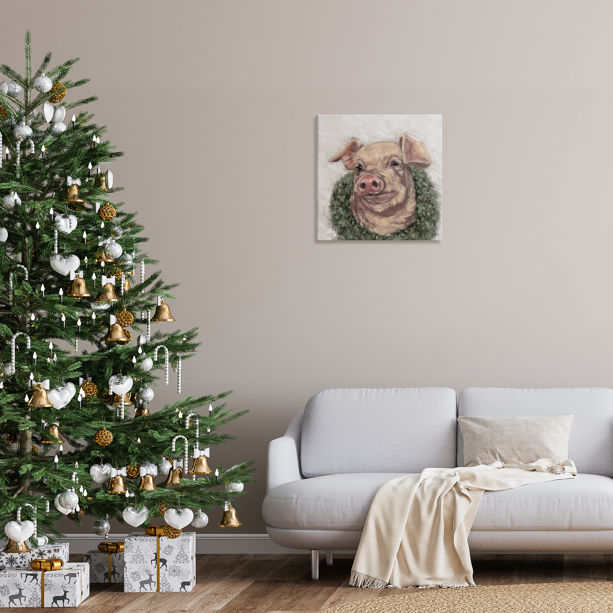 Stupell Industries Pig with Holiday Wreath Holiday Painting Gallery Wrapped Canvas Art Prints Wall Art, 24 x 24