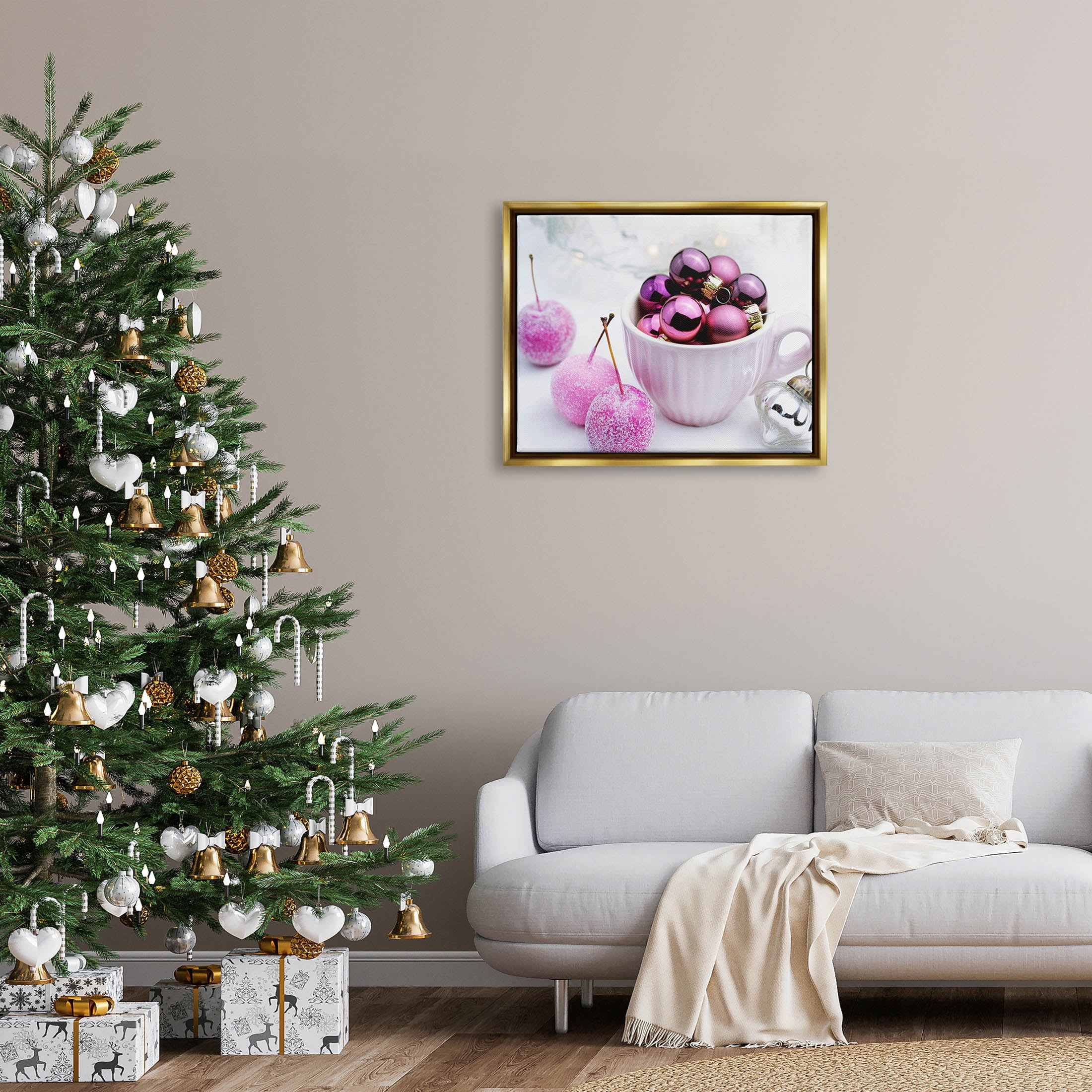 Glimmering Pink Christmas Ornaments Holiday Photograph Metallic Gold Framed Art Print Wall Art