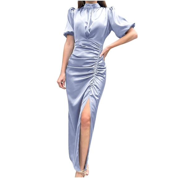 Summer Dresses For Women 2025 Sevevn Women's Round Neck Short Sleeved Hem Slit Tight Long Dress