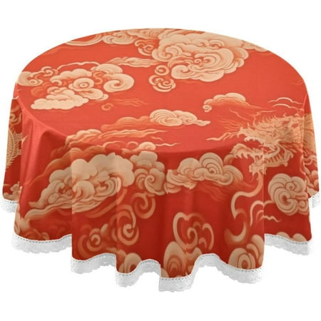 

Round Tablecloth Chinese Scrolls Washable Table Cover Waterproof Wrinkle Resistant Table Cloth for Restaurant Wedding Parties