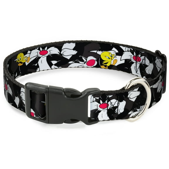 Looney Tunes Pet Collar, Dog Collar Plastic Buckle, Sylvester And Tweety Poses Scattered Charcoal, 7 to 8.5 Inches 0.5 Inch Wide