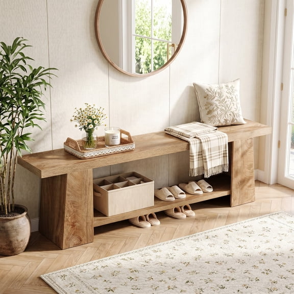 Finmind 59" Entryway Bench, 2-Tier Shoe Storage Bench, Extra Long Farmhouse Wood Seat for Hallway, Bedroom, Natural
