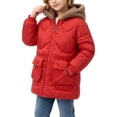 thumbnail image 3 of ITSAME Girls Hooded Fleece Lined Puffer Coat Mid Length Winter Zip Up Jacket with Flap Pockets Red Size 6, 3 of 8