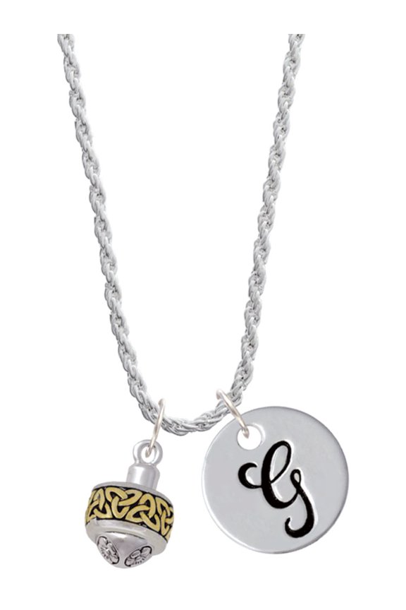 Two-tone Celtic Knot Trinity Band Spinner Silvertone Script Initial Disc - G - Charm Necklace, 20"+3"