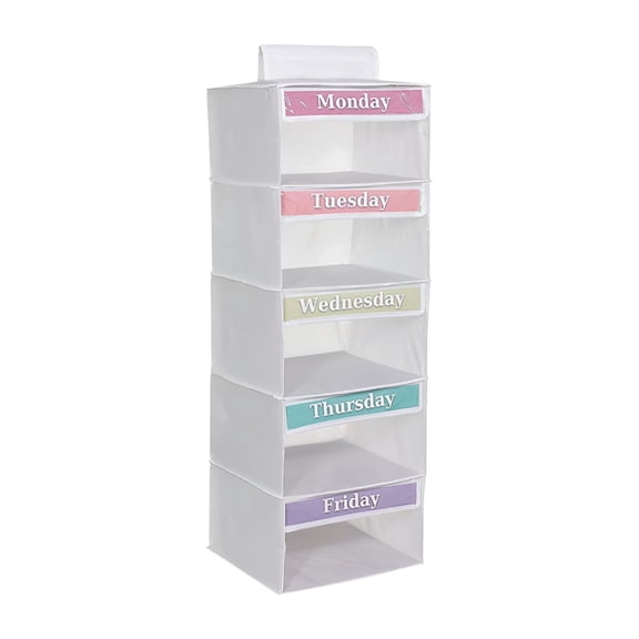 LAMIRO 5-Shelf Weekly Clothes Organizer for Kids with 6 Side Pockets,Days of The Week Hanging Closet Organizer Storage Shelves for School Outfits,Dorm Room Essential