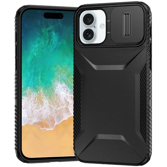 TJS for iPhone 16 Plus Phone Case, Slide Camera Cover Shockproof TPU PC Lens Protection Cover (Black)