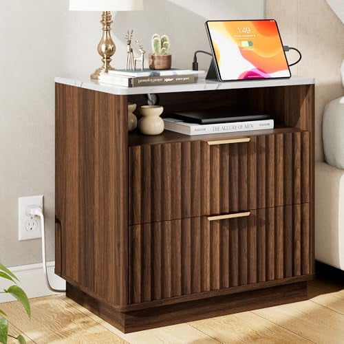Fluted Nightstand, Walnut Night Stand, 23" Wide Nightstand with Faux Marble Top and Charging Station.2 Drawer Large Ene Table w/Storage, Modern Wood Bedside Table for Bedroom,Curved Corners