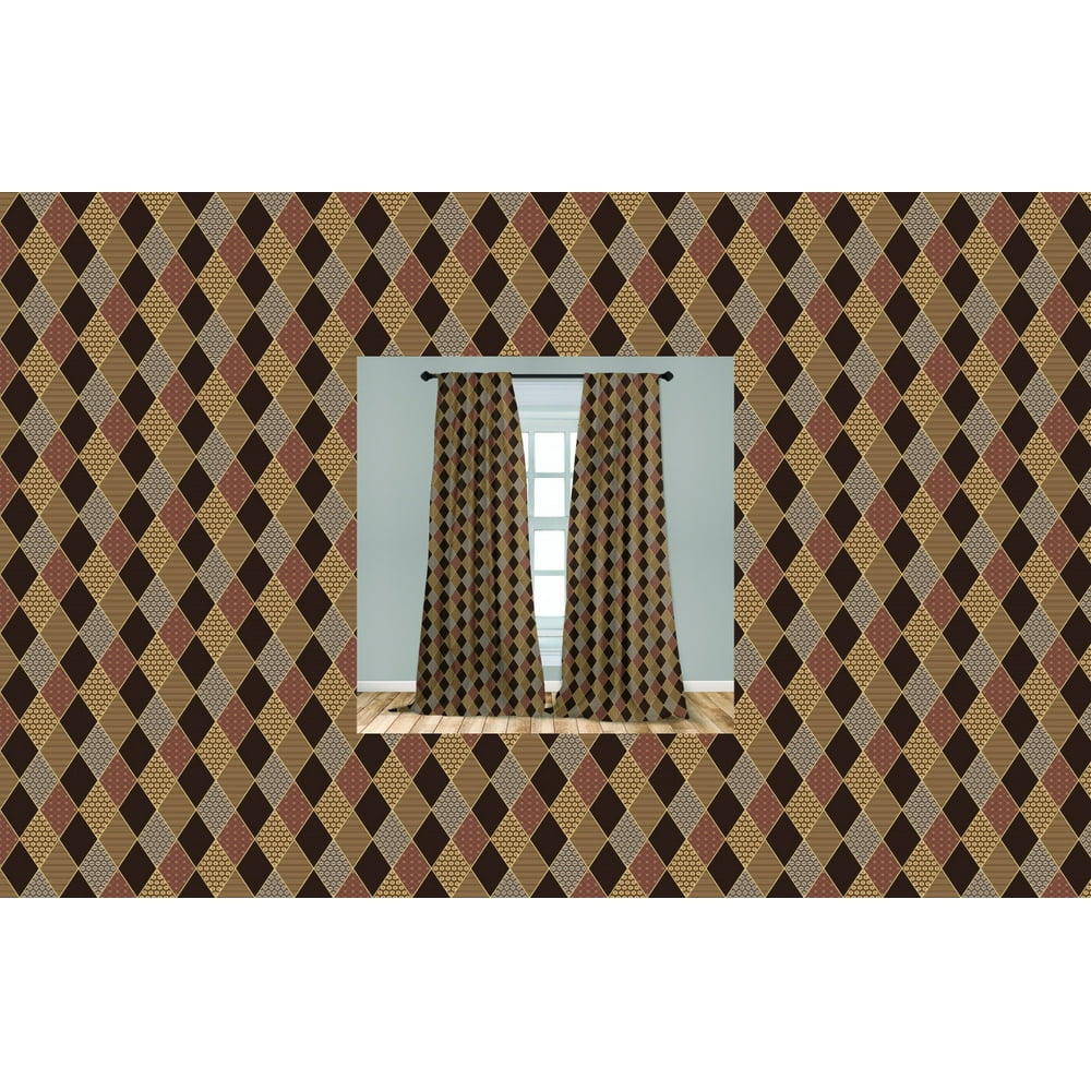 Earth Tones Curtains 2 Panels Set, Lozenge Pattern in Patchwork Style