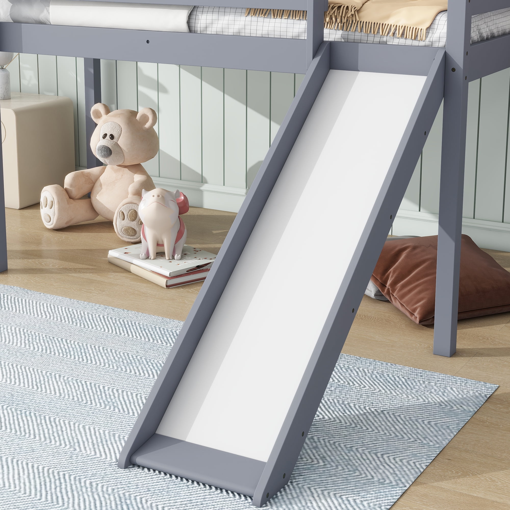 Sailvan Twin Low Loft Bed with Slide, Ladder, Safety Guardrails, Rubber Wood Twin Loft Bed
