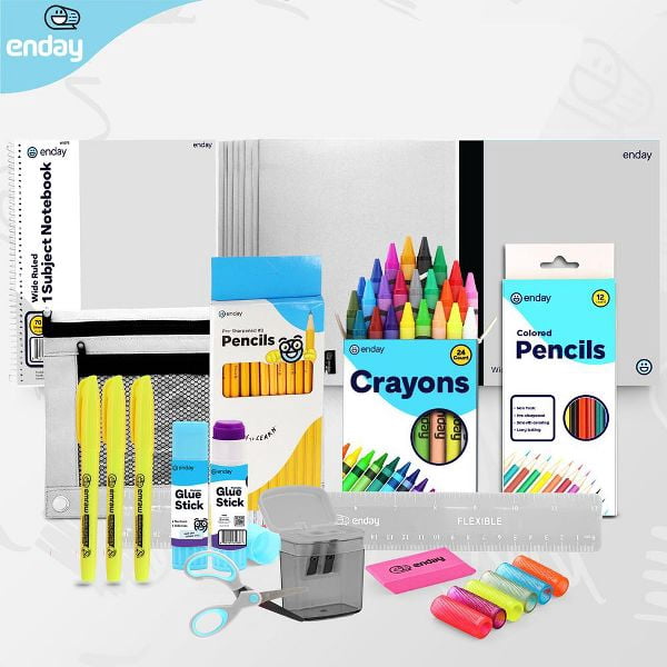 School Supplies Kit for Grades K–5 – 71 Items: Composition Notebook Subject Notebook, Pencils, Folders Colored Pencils, Crayons, Scissors, Glue & More