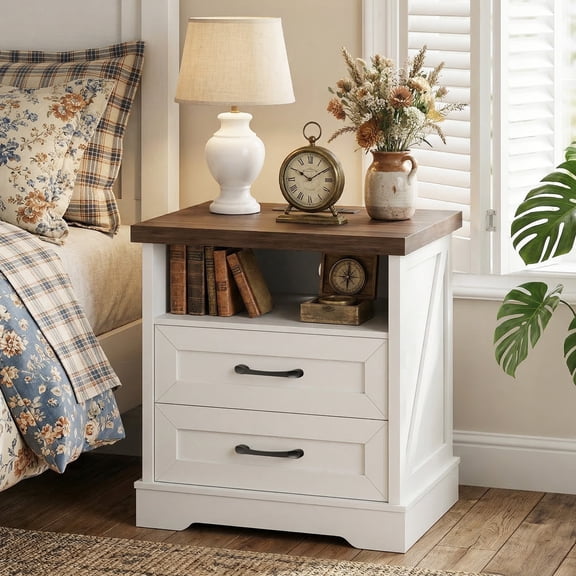 Farmhouse Nightstand, Bedside Table with Charging Station and USB, End Table with 2 Drawers, Night Stand for Bedroom, Dark Walnut & White