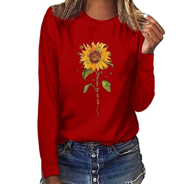 Jsaierl Chandails en Molleton à Imprimé Tournesol pour Femmes Mignons Manches Longues Col Rond Chandail Tendance Décontracté Tops Amples Automne Hiver Chemises Chaudes et Confortables
