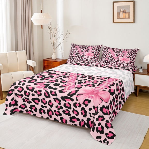 Homewish Cheetah Print Letter Twin Sheet Sets, Pink Bowknot Monogrammed M Twin Fitted Sheet, Modern Fashion Style Flat Sheet, Luxury Bedroom Decor, 3 Pieces