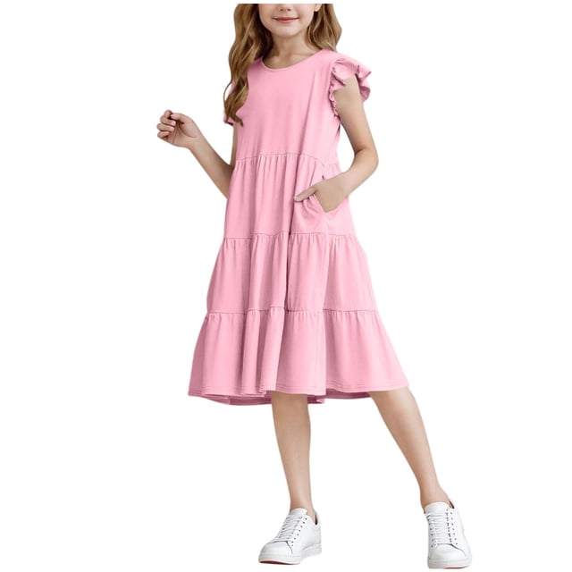 Mgmyaa Robes d'Été pour Filles Manches à Volants Robe Midi Décontractée avec Poches pour 4-14 Ans