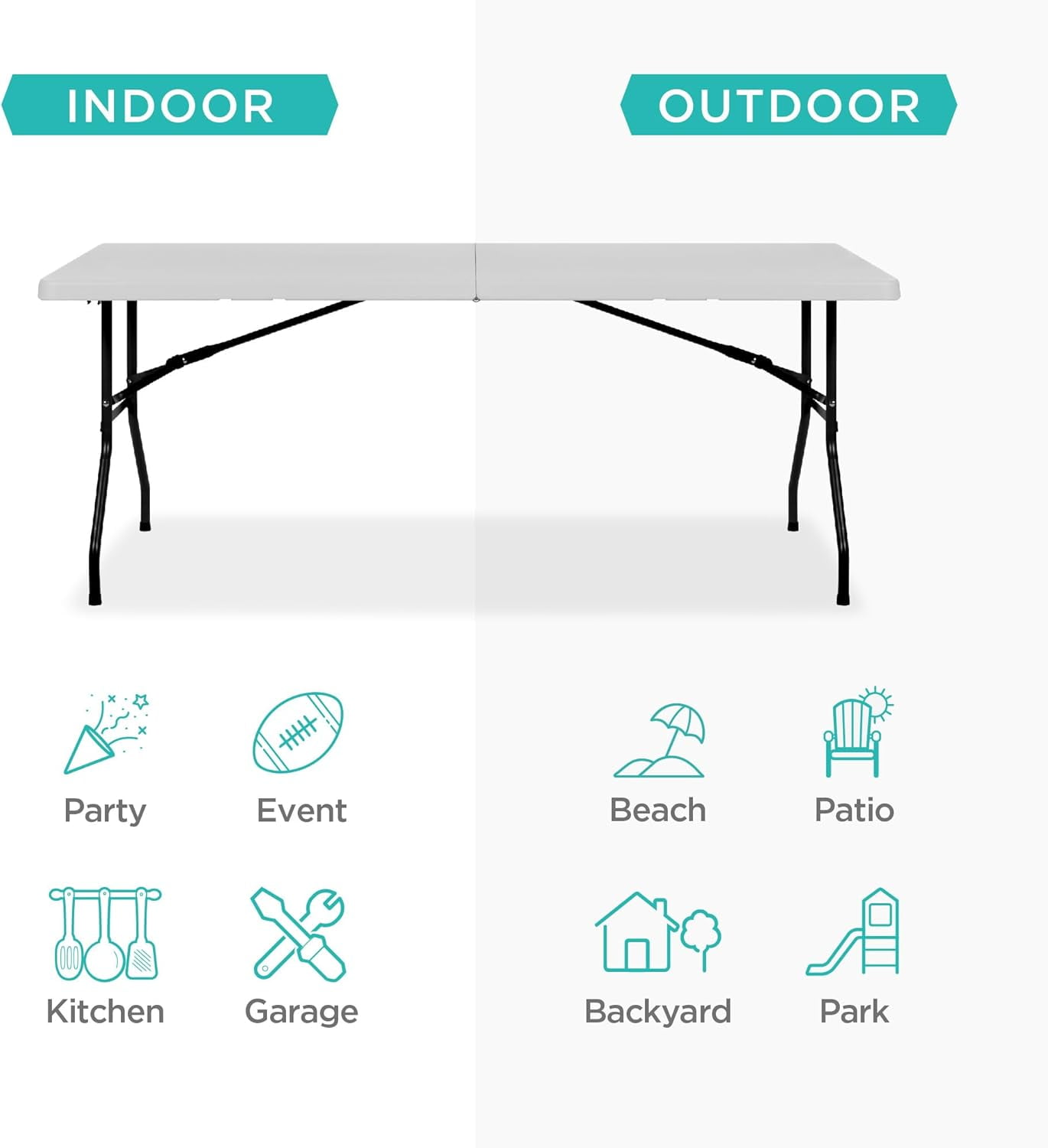 8 Feet Foldable Table, Portable Plastic Desk with Built in Handle, Steel Legs | Perfect for Party, Dining, Wedding, Events, Picnic Indoor, Outdoor, Camping, Utility, Folding