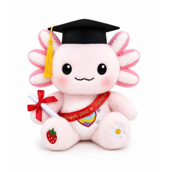 Graduation Axolotl Plush Toy, 30 cm Sitting Stuffed Animal with Graduation Cap, Sash and Diploma, Soft Polyester Plush Keepsake for Students, Graduation Party Decor, Pink/Blue