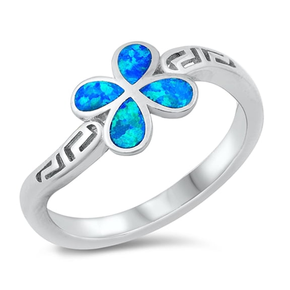 CHOOSE YOUR COLOR Blue Simulated Opal Greek Key Flower Ring .925 Sterling Silver CZ Female Size 9