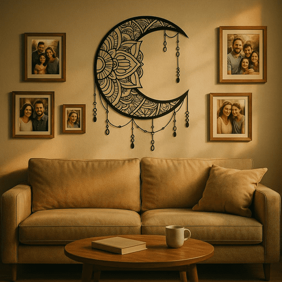 HELLOYOUNG 11.81 Inch Intricate Boho Moon Mandala Decor Black Metal Crescent Iron Art Deco Drawings Wall Sculpture for Bedroom Accessories for Home Decor