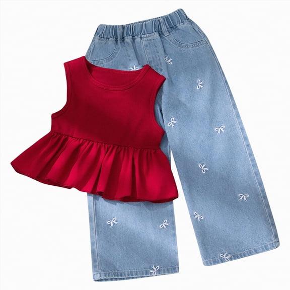 TOWED22 Infant Baby Toddler Girl Clothes 2pcs Summer Outfits Sleeveless Embroidery Tank Tops Long Pants(Red,4-5 Y)