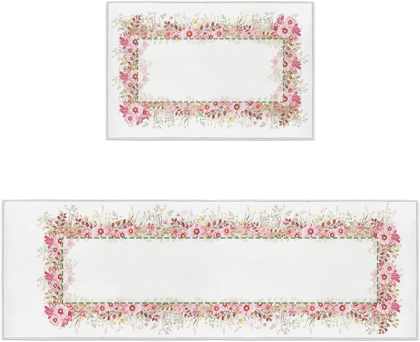 Kitchen Rugs and Mats Set of 2, Spring Pink Blossoms Flower Plant Non-Slip Floor Doormat Comfort Area Runner Rug and Mat, Pastoral Floral Indoor Entrance Carpet Home Decor