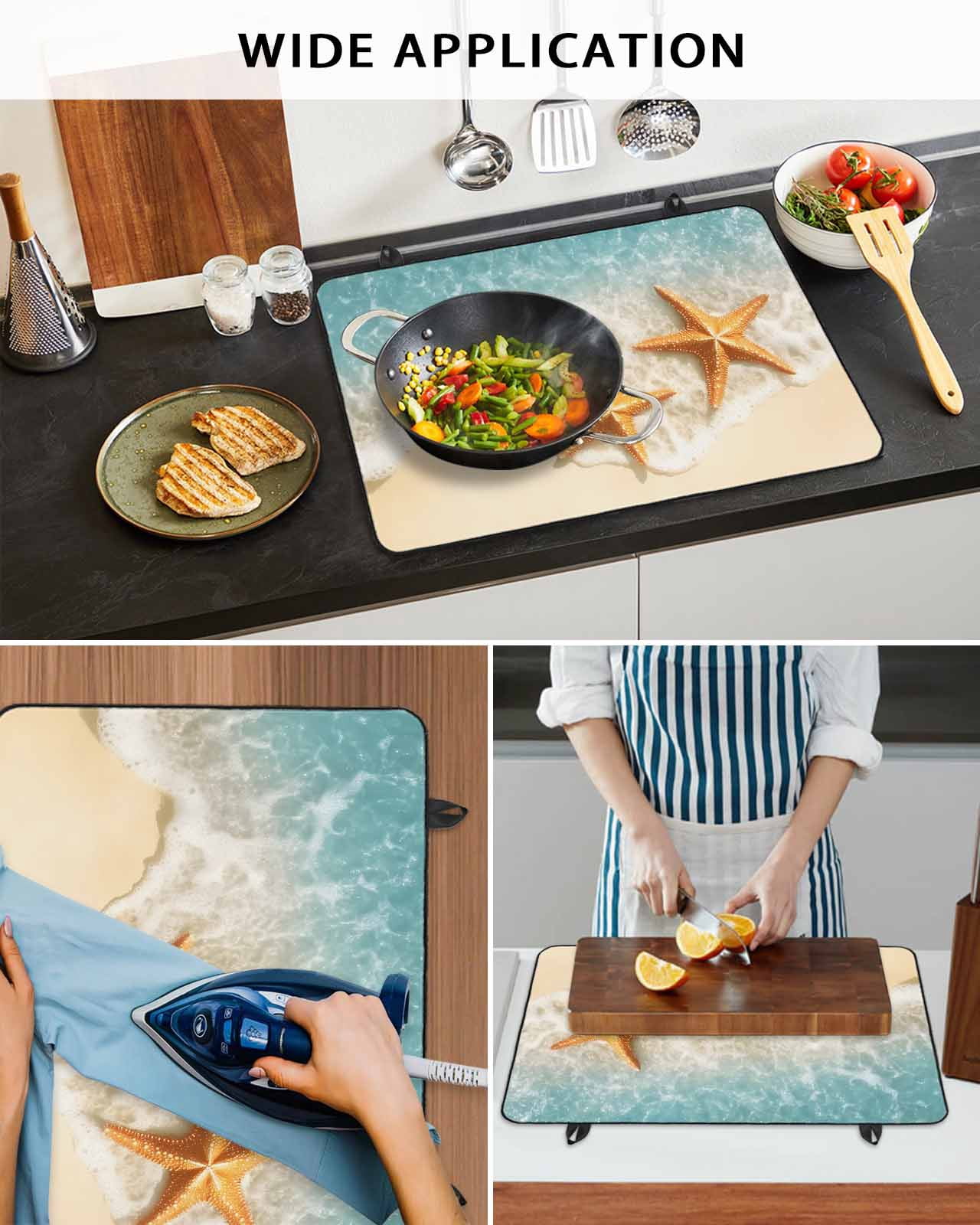 nqOlkjepod Large Induction Cooktop Protector Mat 24"x21", Coastal Summer Stove Top Covers for Electric Stove, Yellow Starfish Ocean Green Water Stove Burner Cover Mats, Glass Top Stove Cover