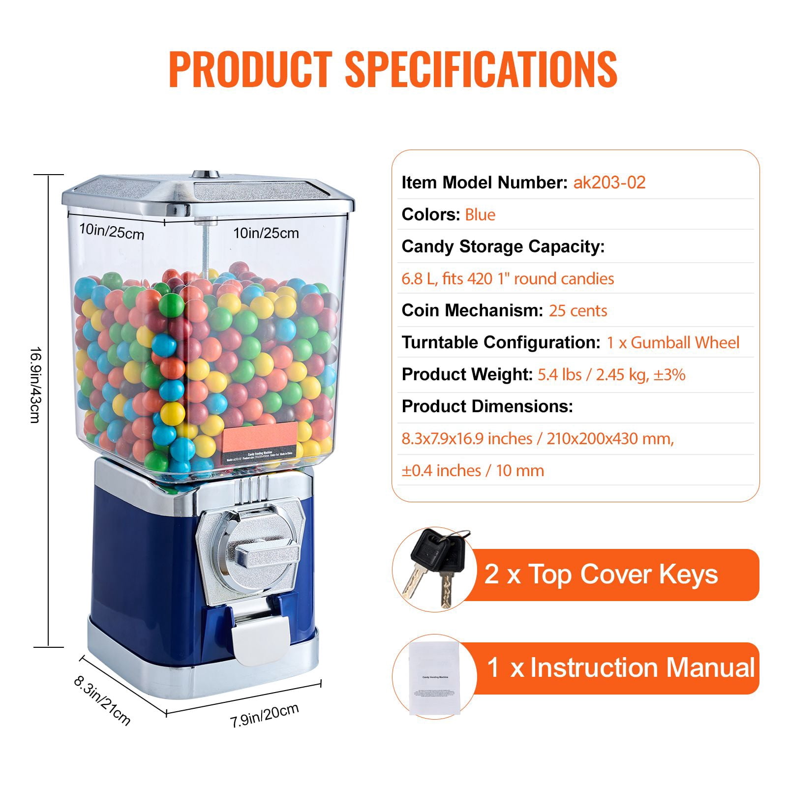 6.8L Candy Vending Machine with 25-Cent Coin Operation, Adjustable Candy Wheel, PC Jar, Metallic ABS Body for Gumballs Bouncy Balls