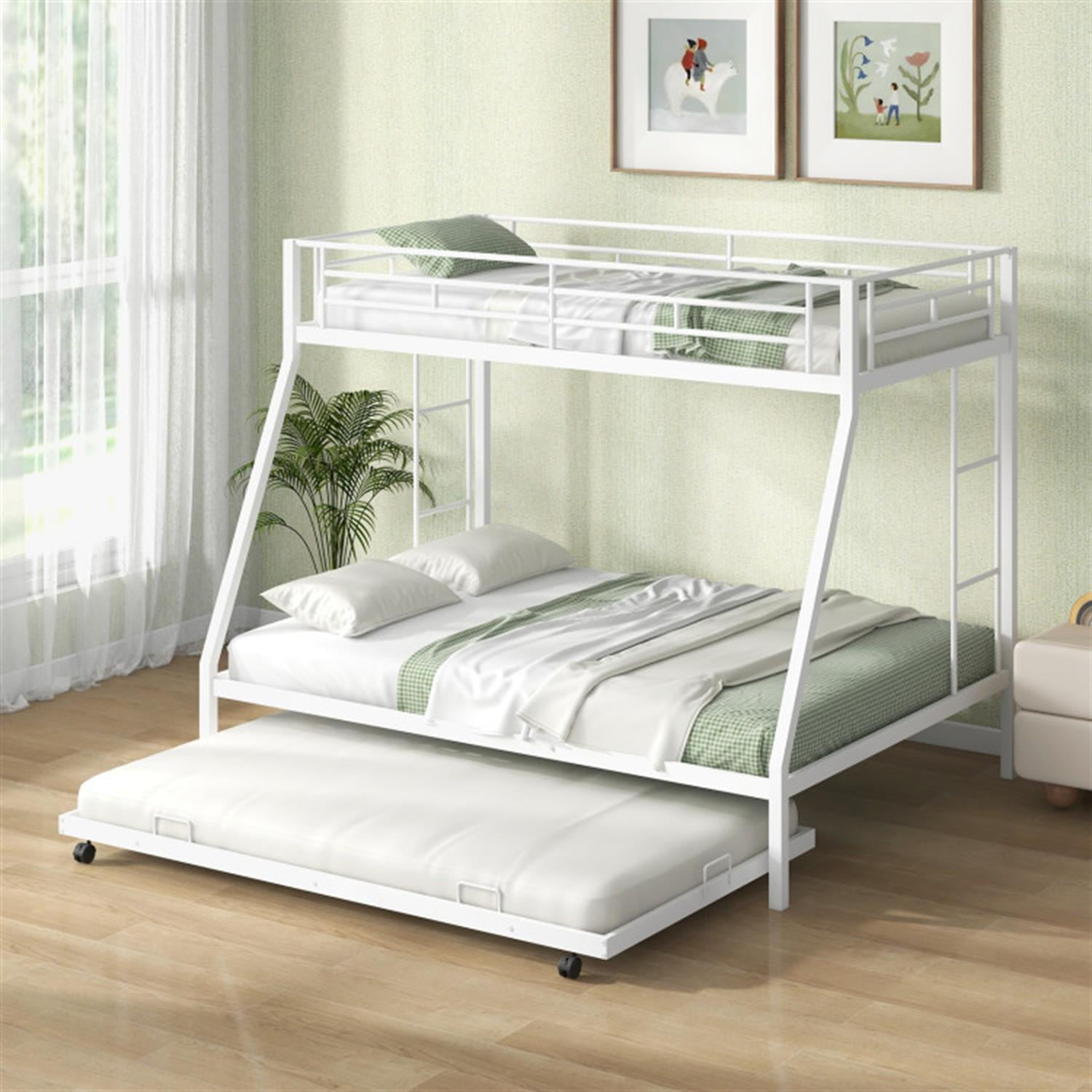 Demi Bonn Twin Pull-Out Bunk Beds with Ladder in the Steps and a Trundle for Guest Room, Full Convertible Bunk Bed Platform, White