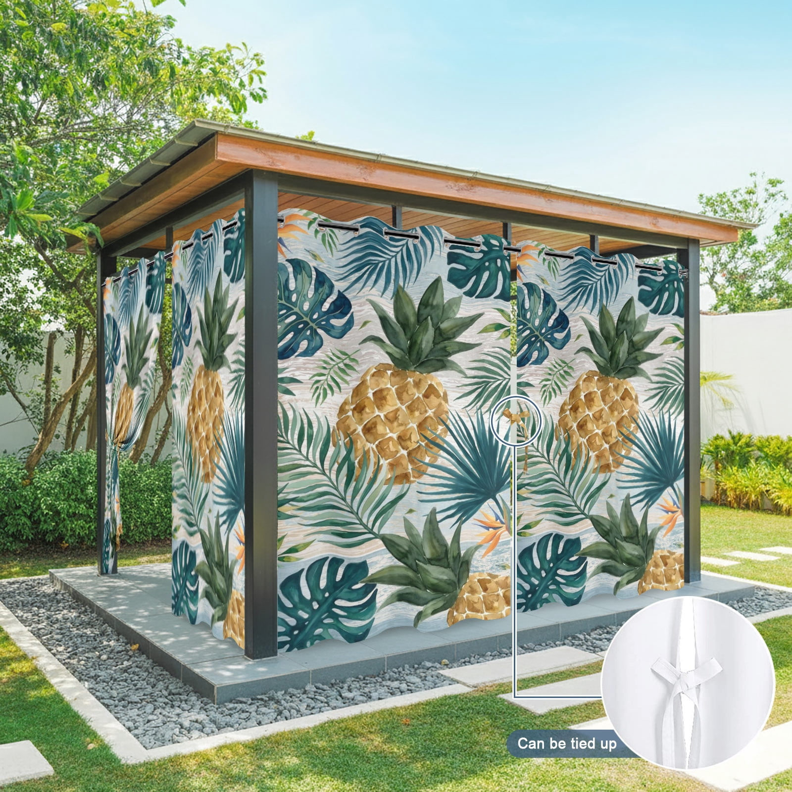 Yellow Pineapple Outdoor Curtains for Patio, Green Monstera Leaf Vintage Tropical Botanical Summer Sunshade Privacy Drapes Grommet Waterproof Outside Curtains for Porch Balcony 54"x108", 1 Panel