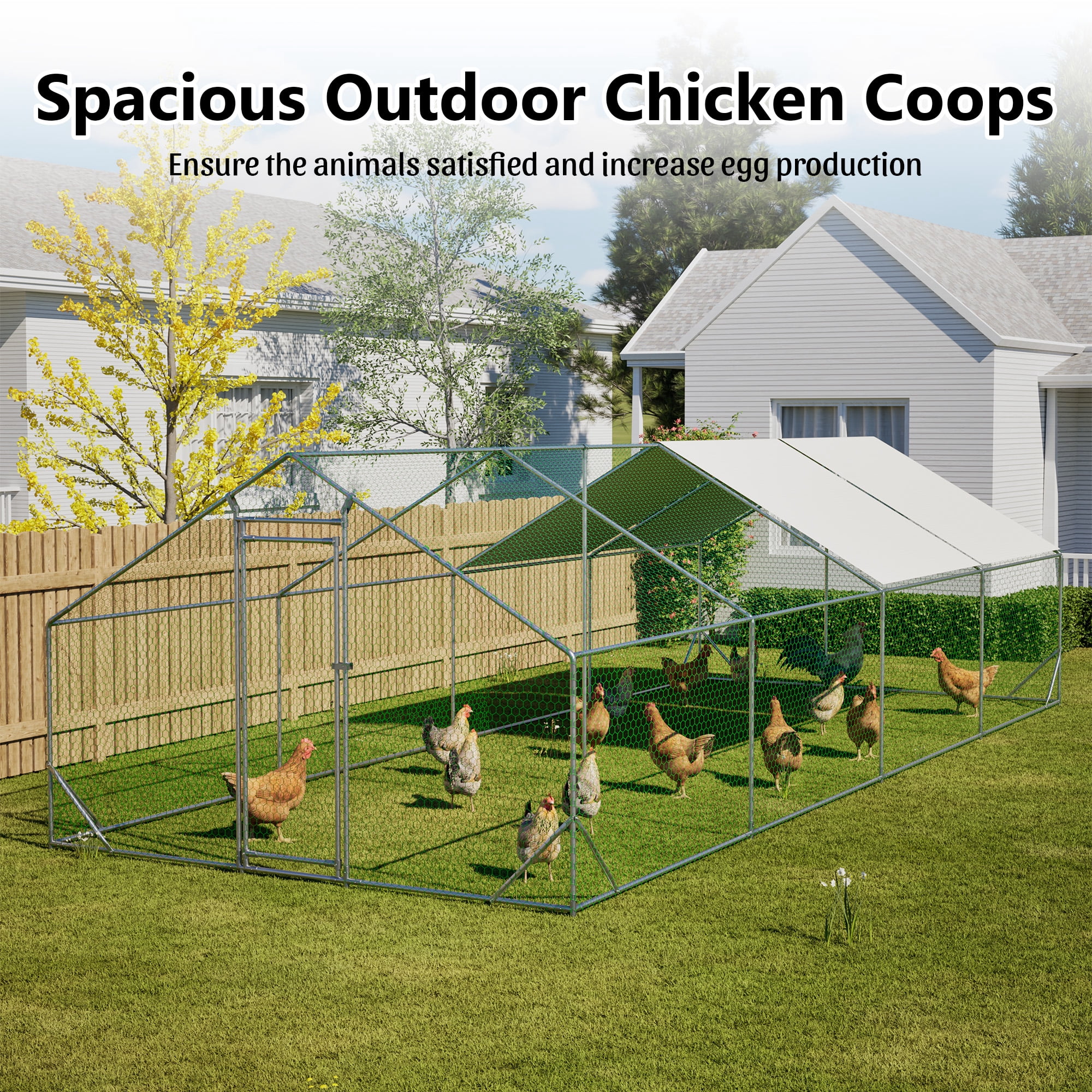 MAYEERTY 10'x26'x6.56' Metal Chicken Coop, Walk-in Poultry Pen w/UV-Proof Cover Lockable Door for Backyard