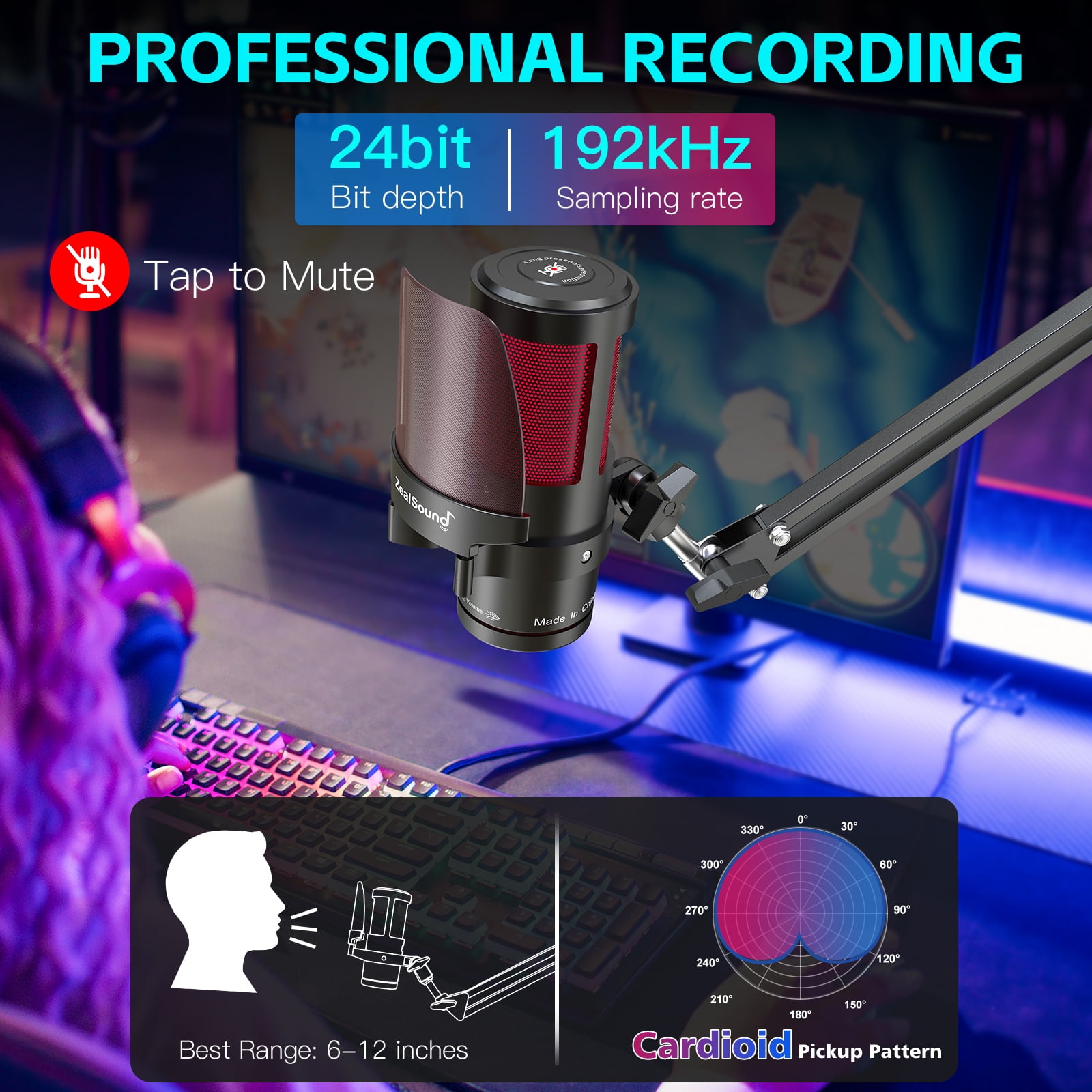 ZealSound Gaming USB Microphone,Noise Cancellation Condenser Mic with Touch Mute,Gain,Monitoring,Boom Arm for Streaming,Podcast,Twitch,YouTube,Discord,iPhone,iPad,PC,Computer,PS4,PS5,Mac,Gamerwave