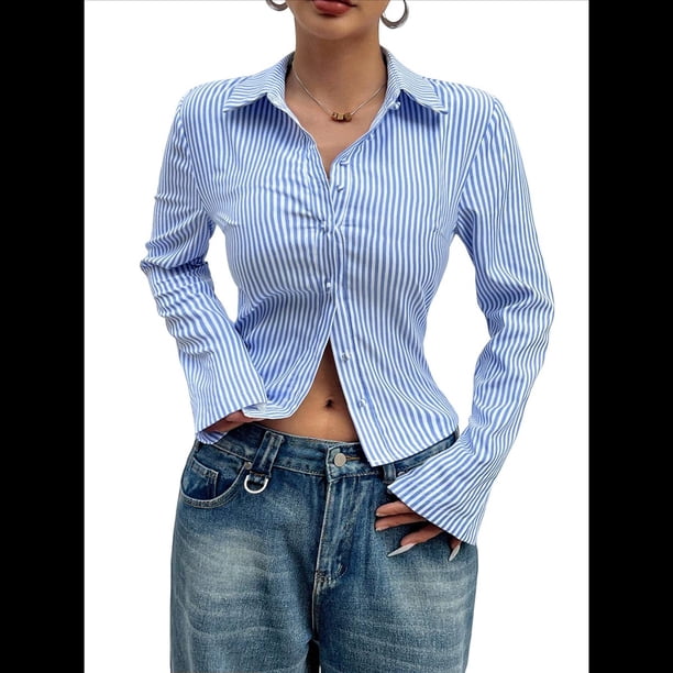 Camisa Corta A Rayas con Botones y Larga Ajustada para Mujer, Blusa de Trabajo Azul M