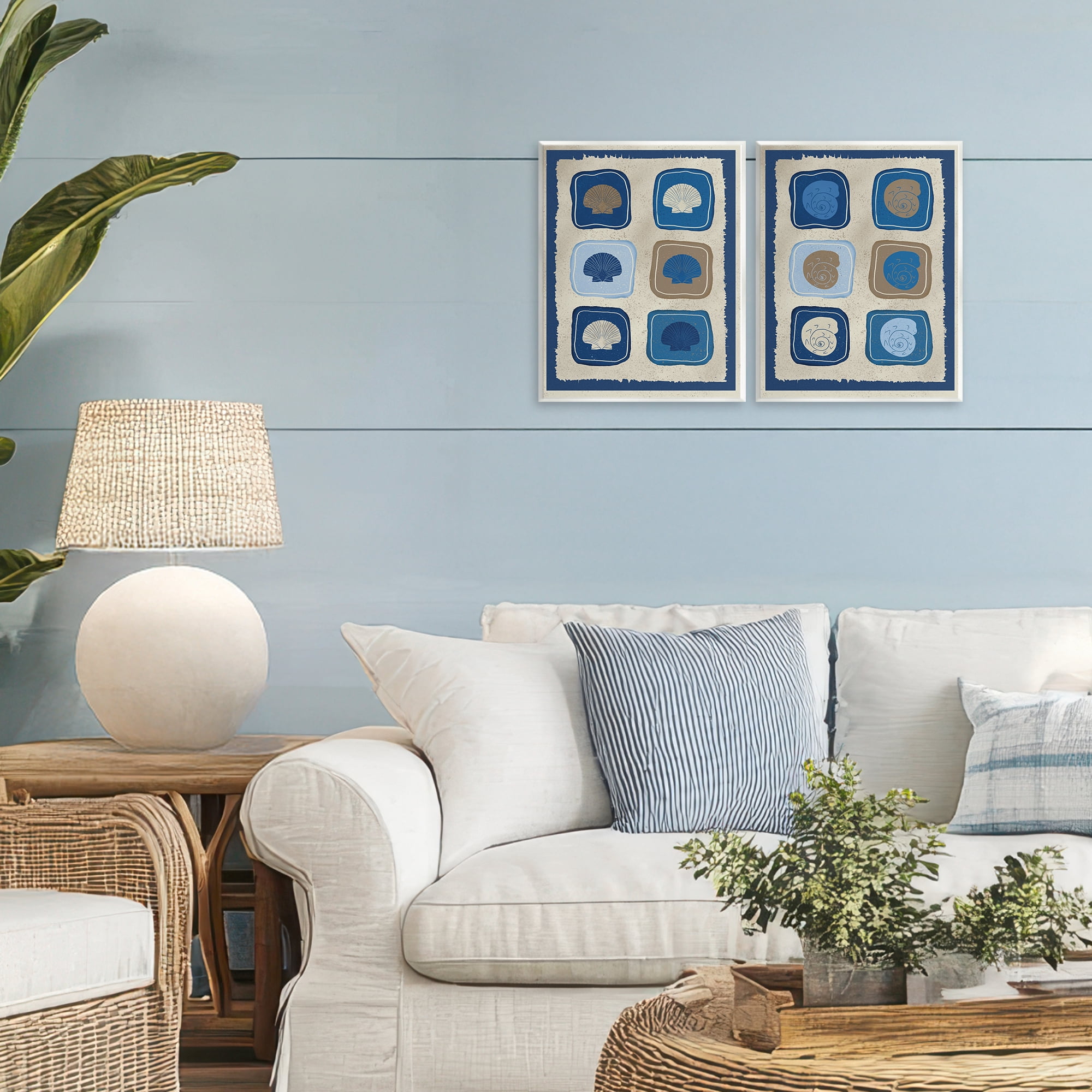 Stupell Industries Blue Blocked Seashells 2 Piece Wall Plaque Art Set, design by Julia Frost