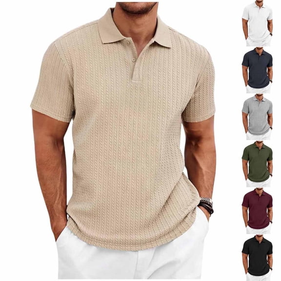 Bxsruta Men's Casual Textured Knit Polo Shirt Short Sleeve Button Front Breathable Solid Collared Pullover