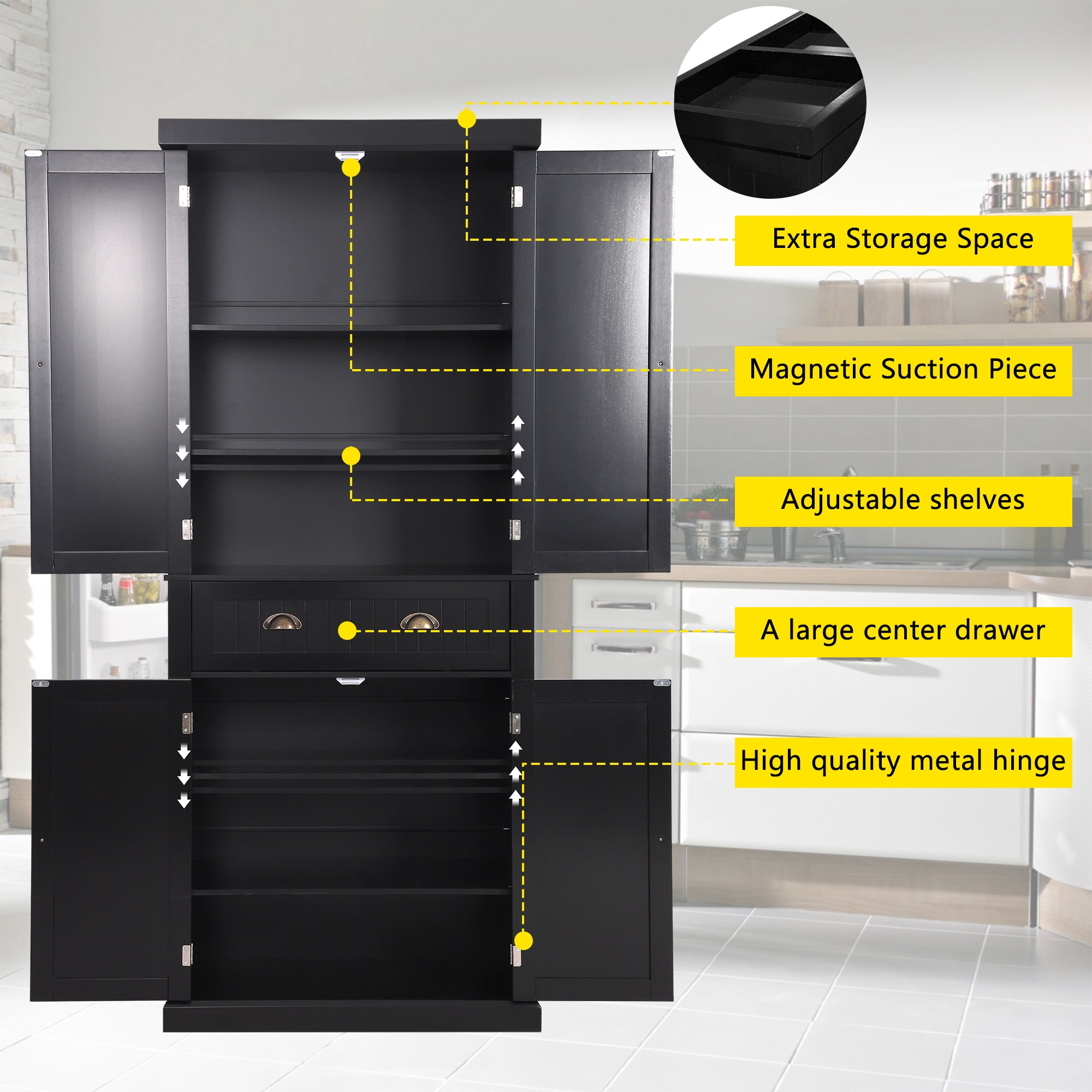 KIGOTY 72'' H Tall Kitchen Pantry with 4 Doors ,A Large Drawer Freestanding Pantry Cupboard Black Storage Cabinet for Dining Room ,Office