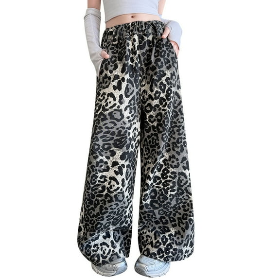 Big Girls Pants Casual Leopard Print Wide Leg Trousers Kids Fashion Spring Fall Elastic Waist