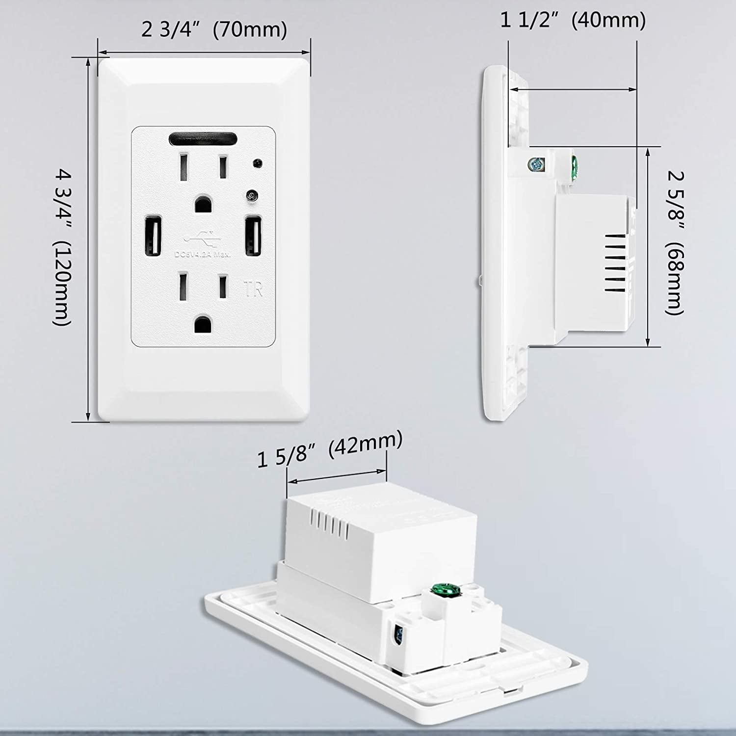 GREENCYCLE 3PK White Dual USB 4.2A Port Electric Wall Charger Power Outlet Panel Plate Dock Station Socket Adapter with LED Nightlight