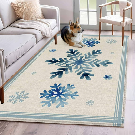 Christmas Snowflake Blue Area Rug 3x5 Washable Rug Non Slip Winter Stripe Xmas Texture on Linen Large Area Rug Indoor Floor Carpet for Entryway Bedroom Kitchen Living Room Office Dining Room Nursery