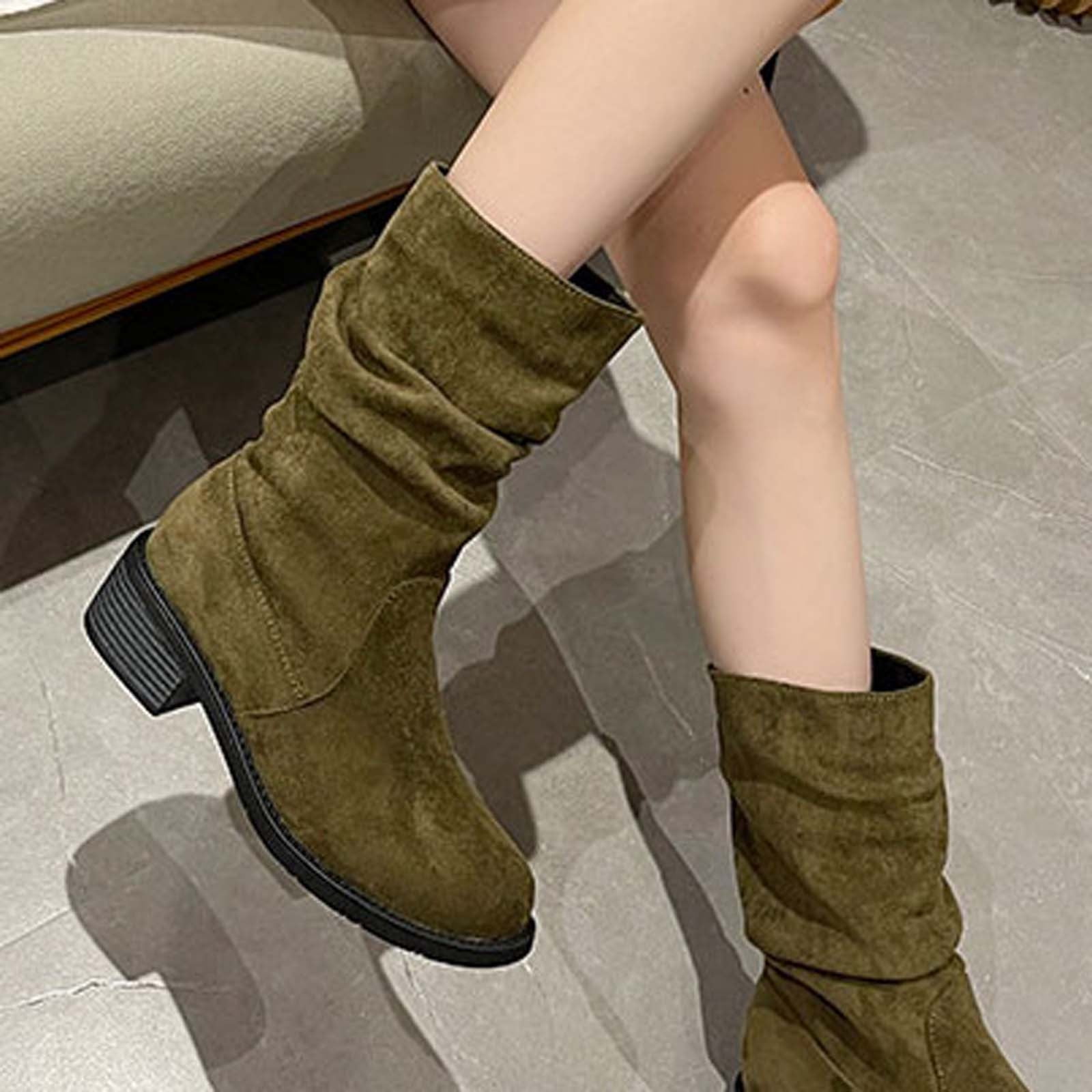Fitoron Mid Calf for Women Suede Winter Boots Warm Block Slouch Boots Casual Fall Shoes Christmas Gifts Clearance Army Green 7