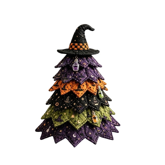 WEEEANT Witch Hat Patchwork Fabric Tree, Purple and Green Quilted Tabletop Decor with Potion Charms, Magic Theme Holiday Ornament for Home