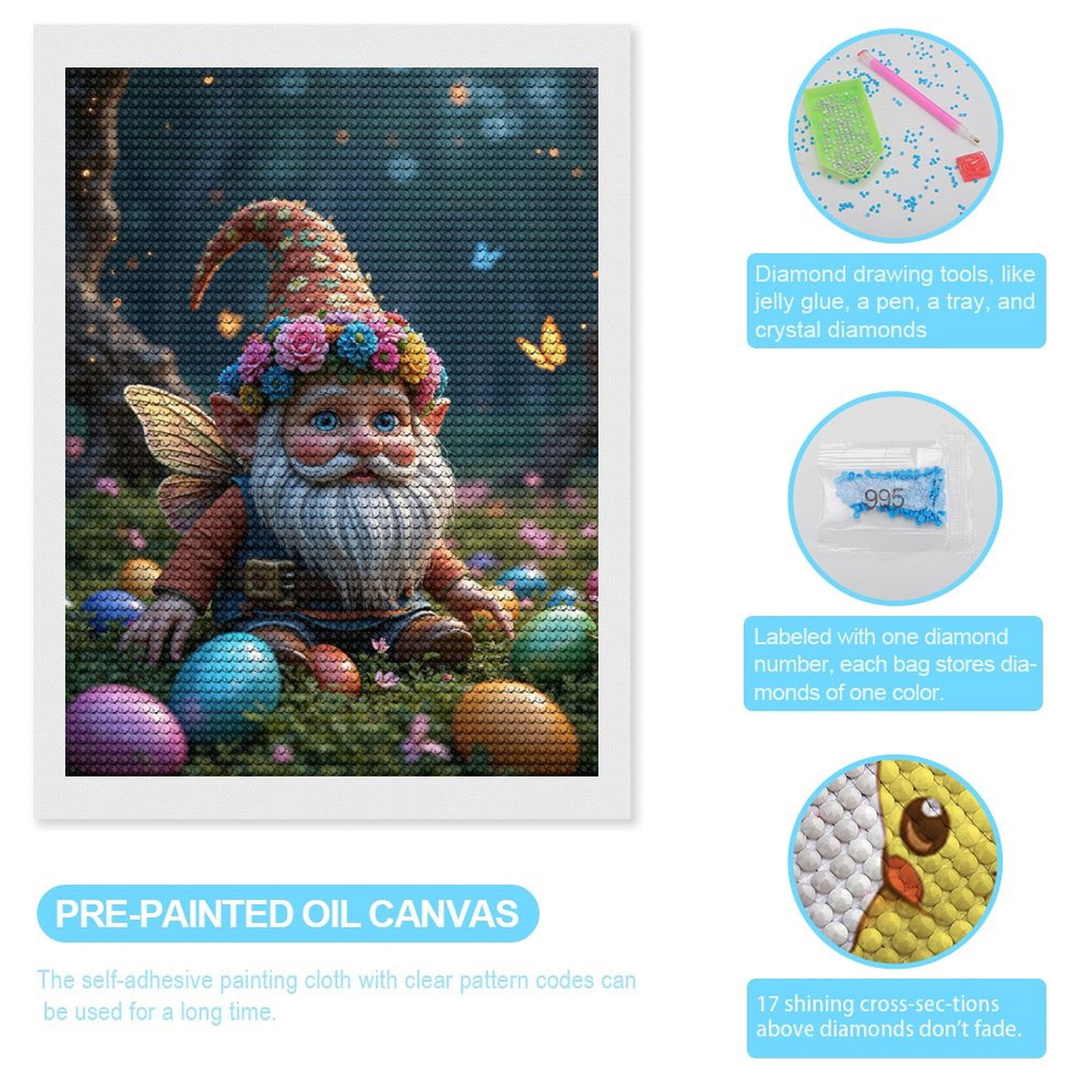 Diamond Art Kits for Adults, Gnome With Flower Hat And Eggs 5D Diamond Painting Kits for Adults Beginners, DIY Full Drill Diamond Painting, Gem Art and Crafts 12x16